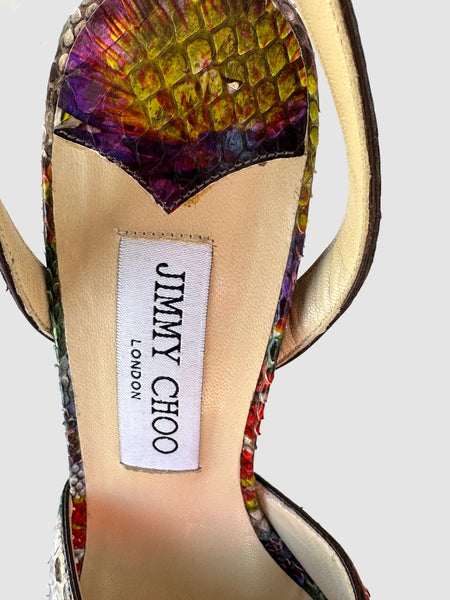 JIMMY CHOO Lola Floral Printed Ankle Strap  Platform Shoes • Size 38