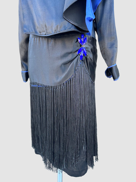 ROARING TWENTIES 20s Black & Blue Silk Satin Dress with Fringe Skirt  • XX Small