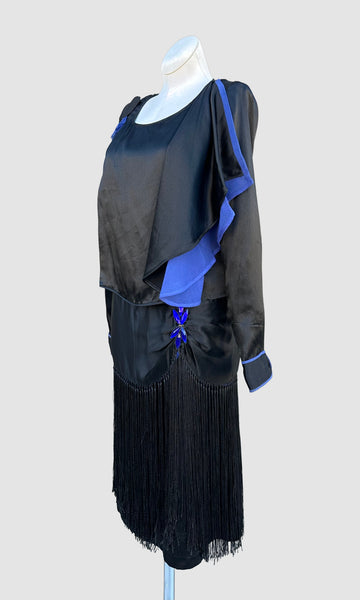ROARING TWENTIES 20s Black & Blue Silk Satin Dress with Fringe Skirt  • XX Small
