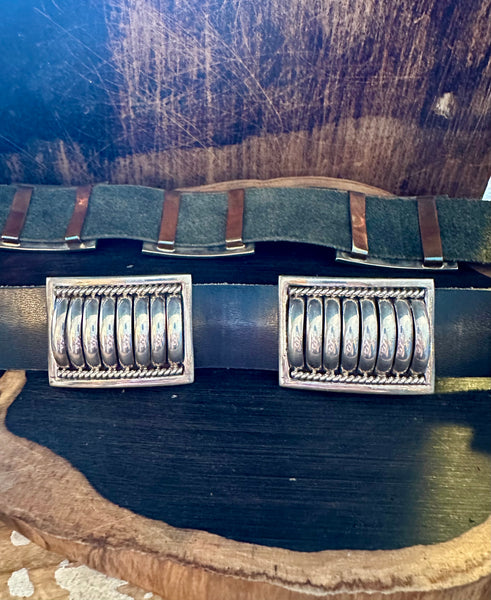 TOM CHARLEY Sterling Silver Scalloped Concho Leather Belt • Sm. to Med.