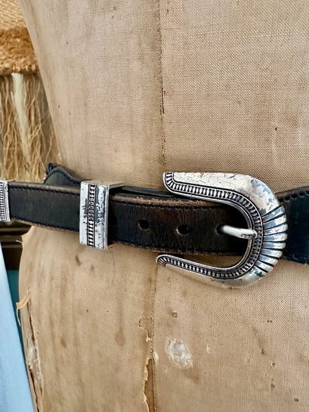 VINTAGE SOUTHWESTERN BEADED Black Leather Belt • Med. to Lg.
