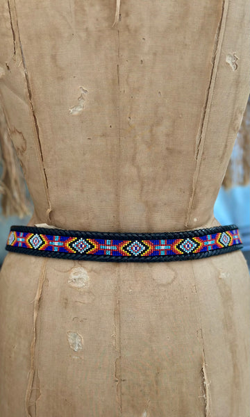 VINTAGE SOUTHWESTERN BEADED Black Leather Belt • Med. to Lg.