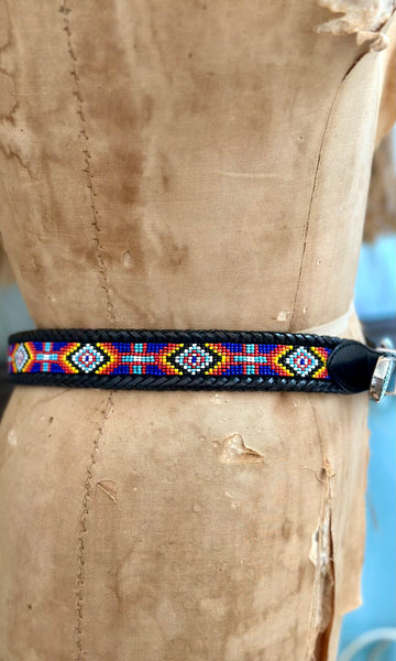 VINTAGE SOUTHWESTERN BEADED Black Leather Belt • Med. to Lg.