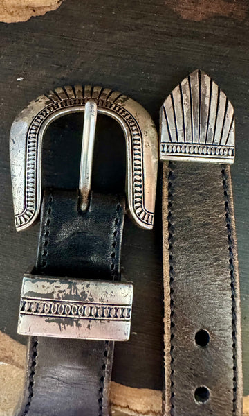 VINTAGE SOUTHWESTERN BEADED Black Leather Belt • Med. to Lg.
