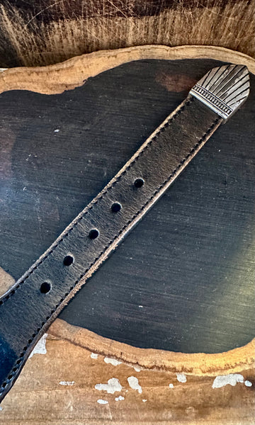 VINTAGE SOUTHWESTERN BEADED Black Leather Belt • Med. to Lg.