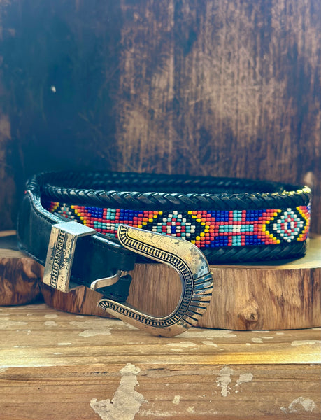 VINTAGE SOUTHWESTERN BEADED Black Leather Belt • Med. to Lg.