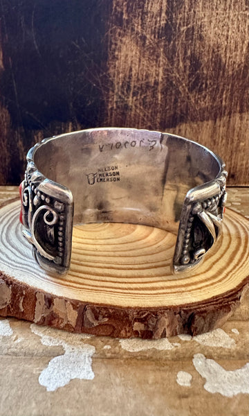 NELSON EMERSON 70s Sterling Silver, Coral and Turquoise Mens Watch Cuff • 122g
