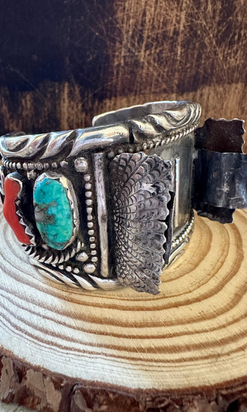 NELSON EMERSON 70s Sterling Silver, Coral and Turquoise Mens Watch Cuff • 122g