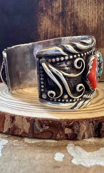NELSON EMERSON 70s Sterling Silver, Coral and Turquoise Mens Watch Cuff • 122g
