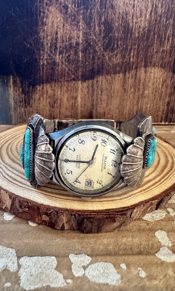 VINTAGE 70s Silver & Turquoise Mens Watch Band Bracelet• 134g