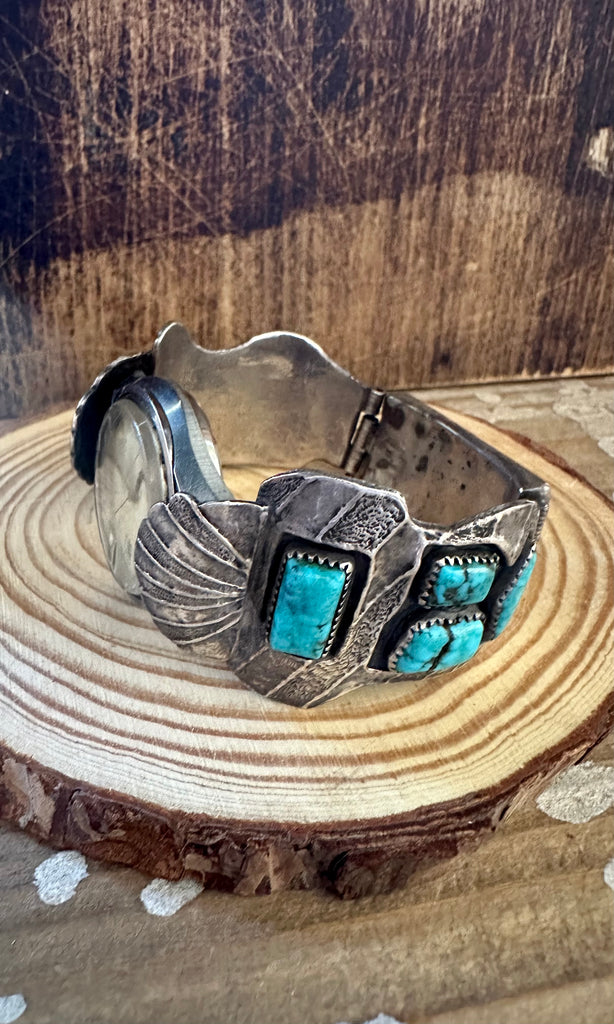 VINTAGE 70s Silver & Turquoise Mens Watch Band Bracelet• 134g