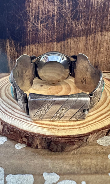 VINTAGE 70s Silver & Turquoise Mens Watch Band Bracelet• 134g