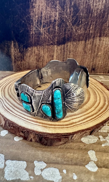 VINTAGE 70s Silver & Turquoise Mens Watch Band Bracelet• 134g