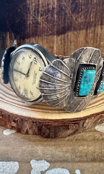 VINTAGE 70s Silver & Turquoise Mens Watch Band Bracelet• 134g