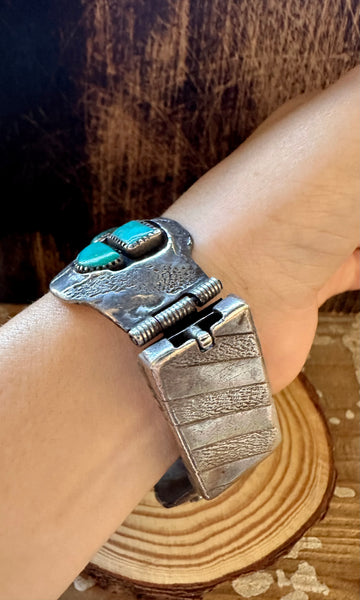 VINTAGE 70s Silver & Turquoise Mens Watch Band Bracelet• 134g