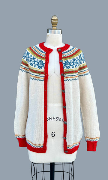 VINTAGE HANDKNITTED NORWEGIAN Wool 60s/70s Cardigan Sweater • Medium