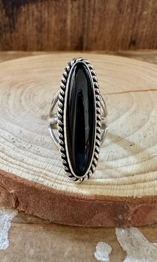 BLACK ONYX DROPLET Silver Ring • Size 7