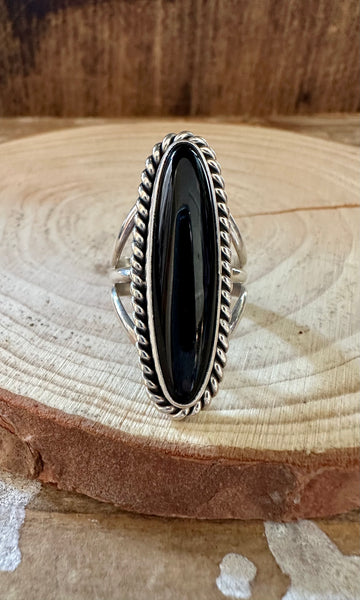 BLACK ONYX DROPLET Silver Ring • Size 7