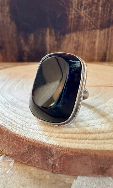SQUARE BLACK ONYX Mexican Silver Ring • Size 6 1/4