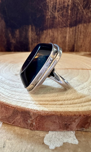 SQUARE BLACK ONYX Mexican Silver Ring • Size 6 1/4