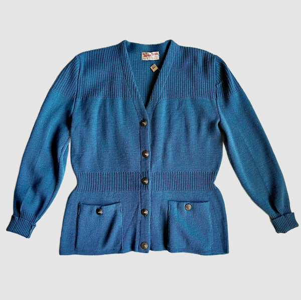 DONNA DEAN 1940s Pure Wool Ribbed Knit Cardigan • Med. to Lg.