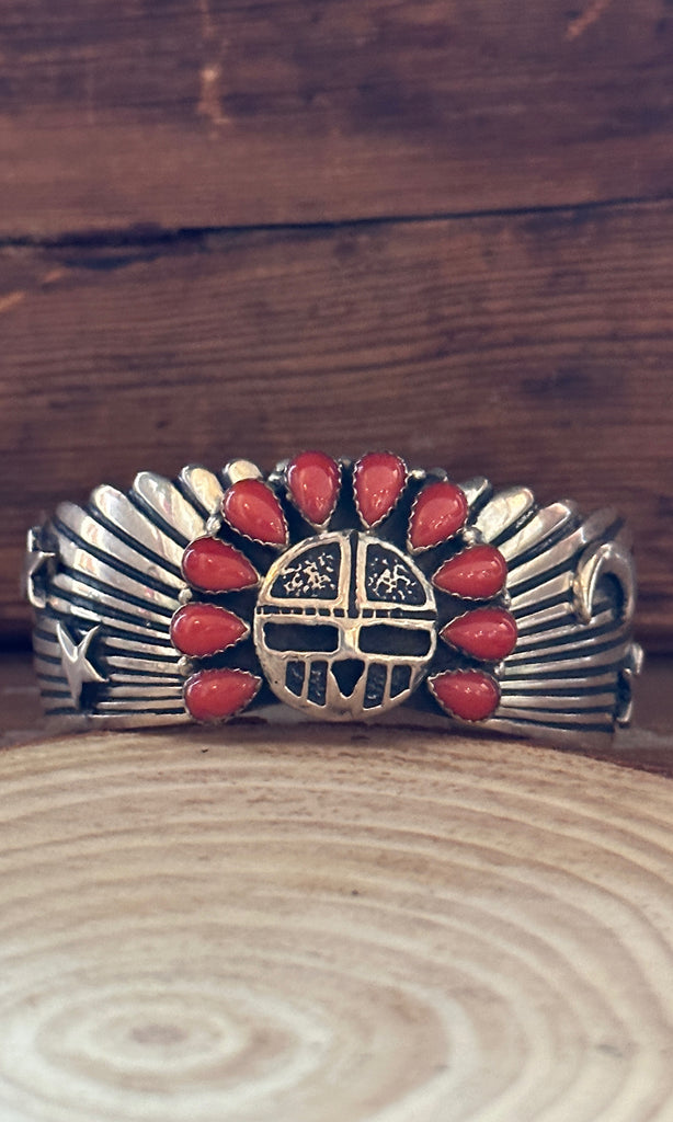 SUN WORSHIP Shakey Silver & Coral Navajo Celestial Cuff