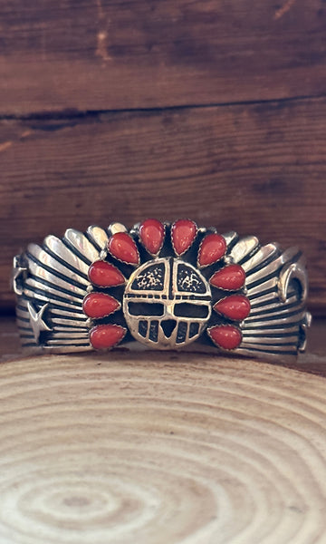 SUN WORSHIP Shakey Silver & Coral Navajo Celestial Cuff