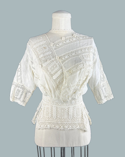 EDWARDIAN WHITE Antique 1900's Open Lace Crochet Blouse • Small