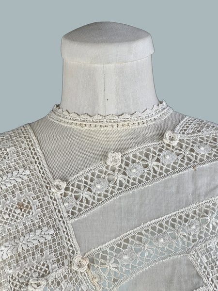EDWARDIAN WHITE Antique 1900's Open Lace Crochet Blouse • Small