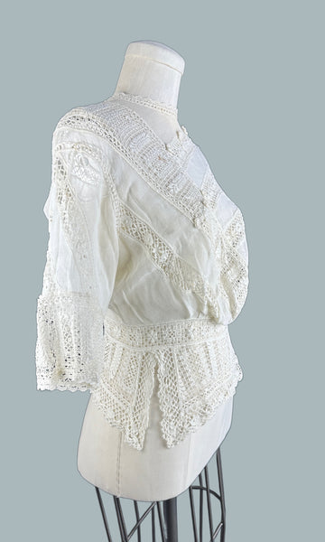 EDWARDIAN WHITE Antique 1900's Open Lace Crochet Blouse • Small
