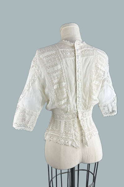 EDWARDIAN WHITE Antique 1900's Open Lace Crochet Blouse • Small