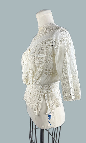 EDWARDIAN WHITE Antique 1900's Open Lace Crochet Blouse • Small