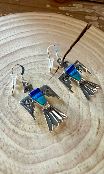 TRIPLE THUNDERBIRD Lapis, Turquoise, Blue Opal Earrings • 4g