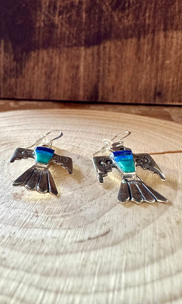TRIPLE THUNDERBIRD Lapis, Turquoise, Blue Opal Earrings • 4g