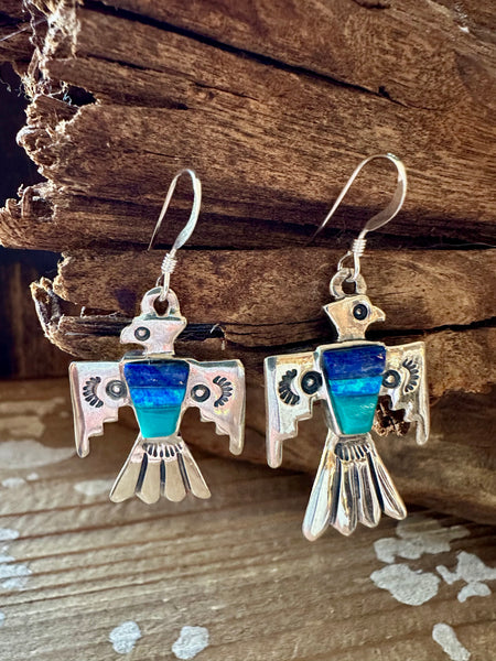 TRIPLE THUNDERBIRD Lapis, Turquoise, Blue Opal Earrings • 4g