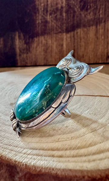 VINTAGE OWL Turquoise & Sterling Silver Ring • Size 8