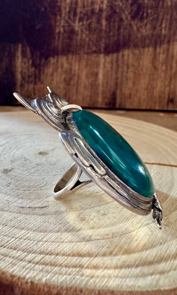 VINTAGE OWL Turquoise & Sterling Silver Ring • Size 8