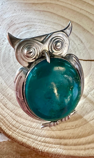 VINTAGE OWL Turquoise & Sterling Silver Ring • Size 8