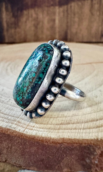 S SKEETS BEADED Square Turquoise Sterling Silver Ring • Size 5