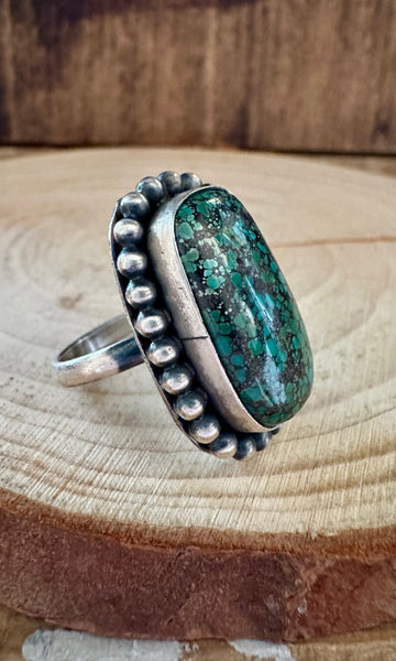 S SKEETS BEADED Square Turquoise Sterling Silver Ring • Size 5