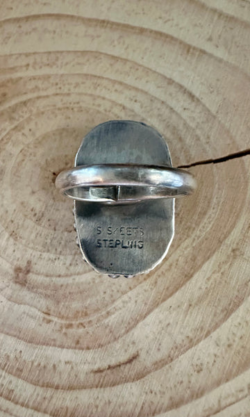 S SKEETS BEADED Square Turquoise Sterling Silver Ring • Size 5