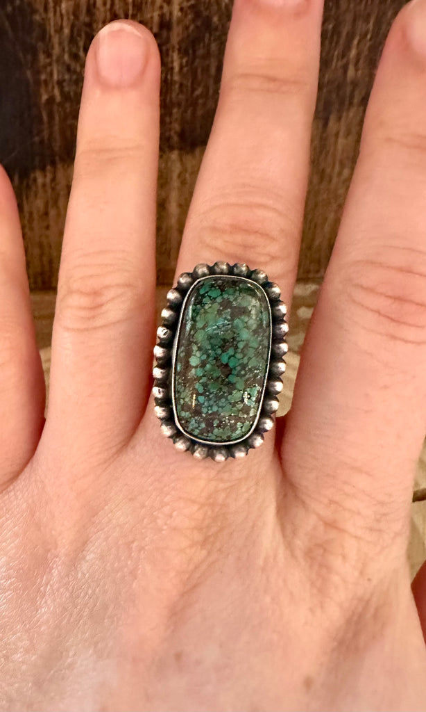 S SKEETS BEADED Square Turquoise Sterling Silver Ring • Size 5