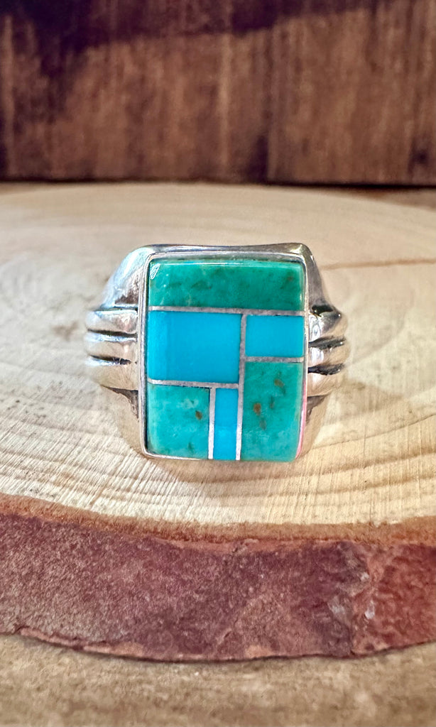 SEAFOAM CURRENTS Turquoise & Sterling Silver Geometric Inlay Mens Ring • Size 11