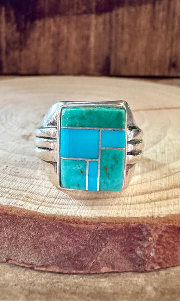 SEAFOAM CURRENTS Turquoise & Sterling Silver Geometric Inlay Mens Ring • Size 11