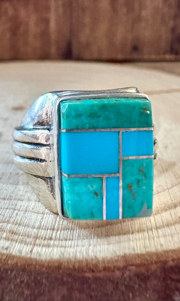 SEAFOAM CURRENTS Turquoise & Sterling Silver Geometric Inlay Mens Ring • Size 11
