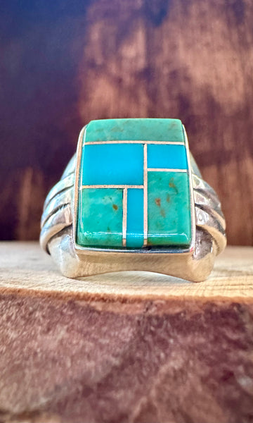SEAFOAM CURRENTS Turquoise & Sterling Silver Geometric Inlay Mens Ring • Size 11