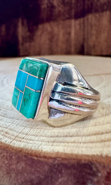 SEAFOAM CURRENTS Turquoise & Sterling Silver Geometric Inlay Mens Ring • Size 11