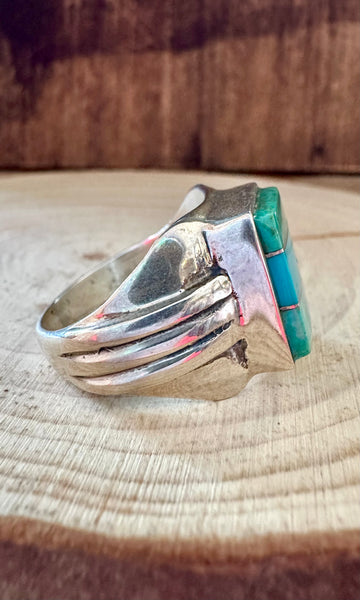 SEAFOAM CURRENTS Turquoise & Sterling Silver Geometric Inlay Mens Ring • Size 11