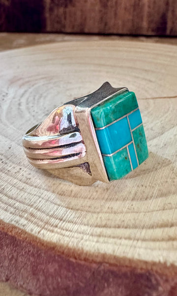 SEAFOAM CURRENTS Turquoise & Sterling Silver Geometric Inlay Mens Ring • Size 11