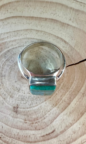 SEAFOAM CURRENTS Turquoise & Sterling Silver Geometric Inlay Mens Ring • Size 11
